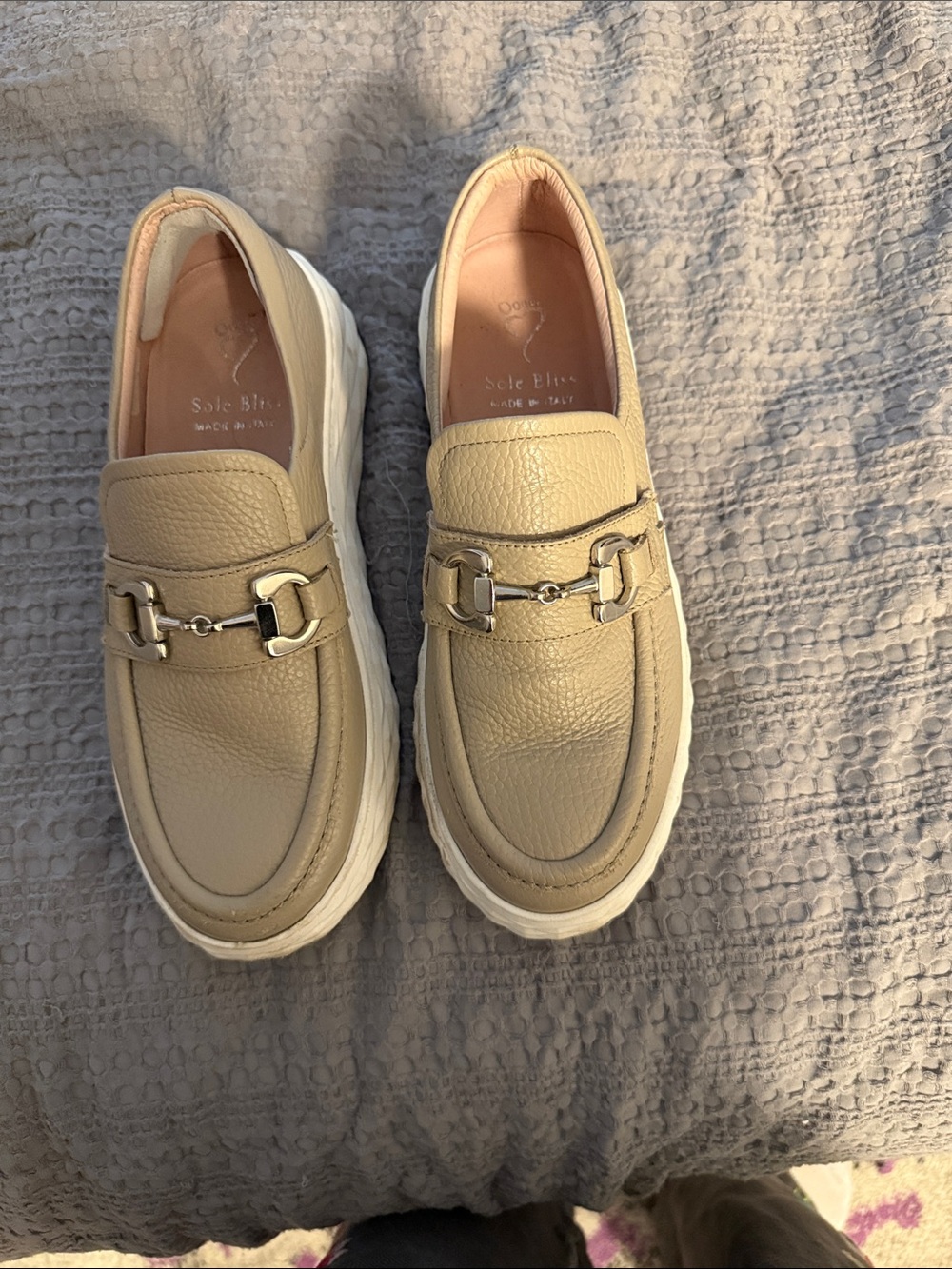 Sole Bliss Beige Leather Slip-On Loafers with Horsebit